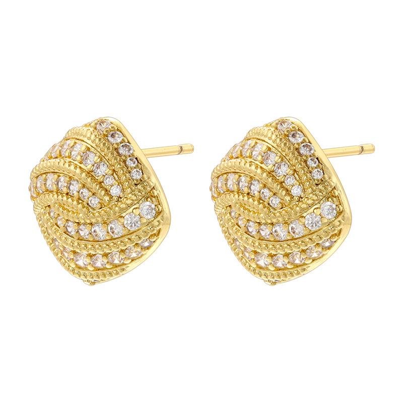 Vintage Square Copper Studs with Zircon Round Sunflower Checkered Button Earrings For Women Gifts