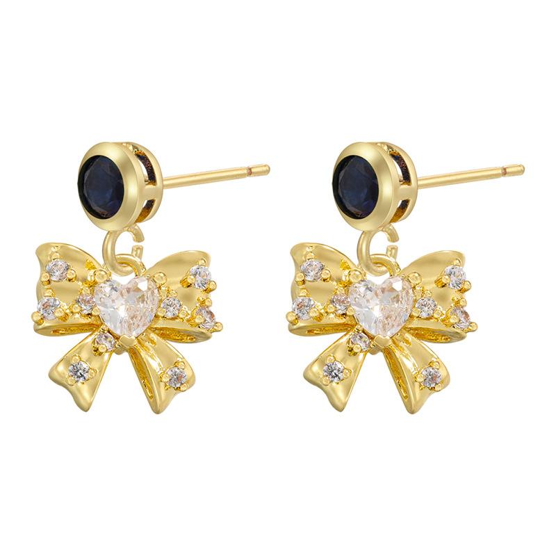 Hollow Turtle Dangle Earrings for Women with Zircon Bow Detail Unique Copper Jewelry Stylish Everyday Accessories