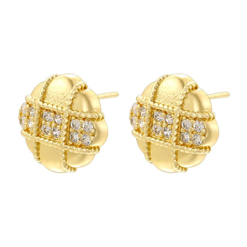 Vintage Square Copper Studs with Zircon Round Sunflower Checkered Button Earrings For Women Gifts