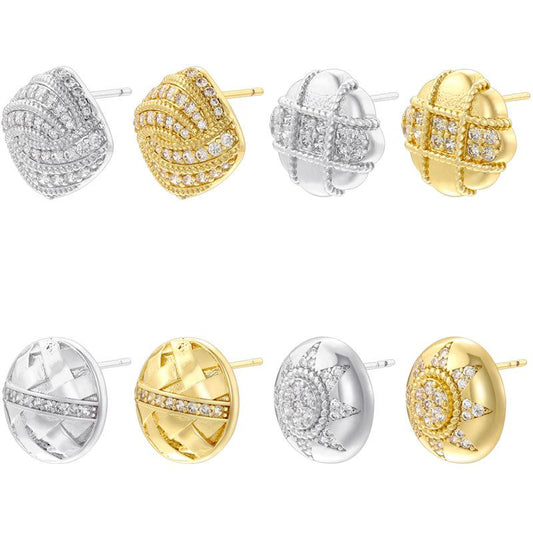 Vintage Square Copper Studs with Zircon Round Sunflower Checkered Button Earrings For Women Gifts