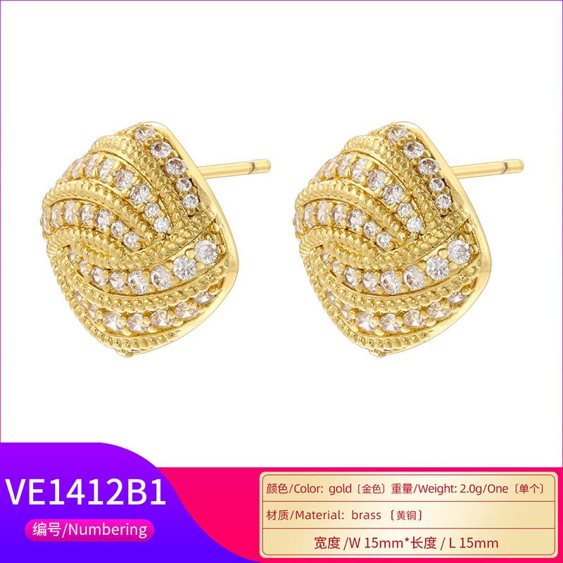 Vintage Square Copper Studs with Zircon Round Sunflower Checkered Button Earrings For Women Gifts