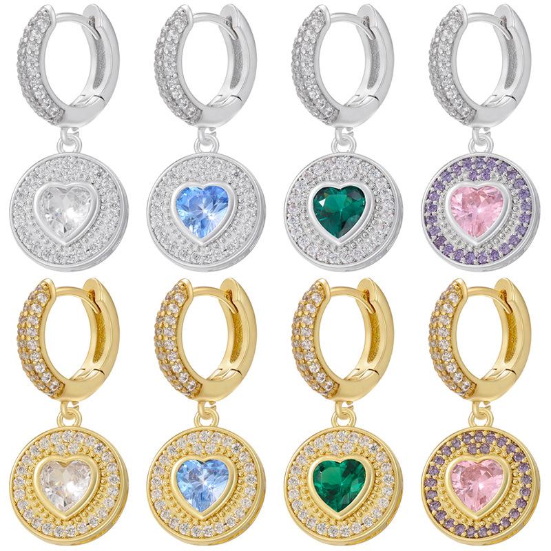 Elegant Flat Round Heart Earrings Gold Plated with Sparkling Gemstones Unique Love Shape Perfect Gift for Her