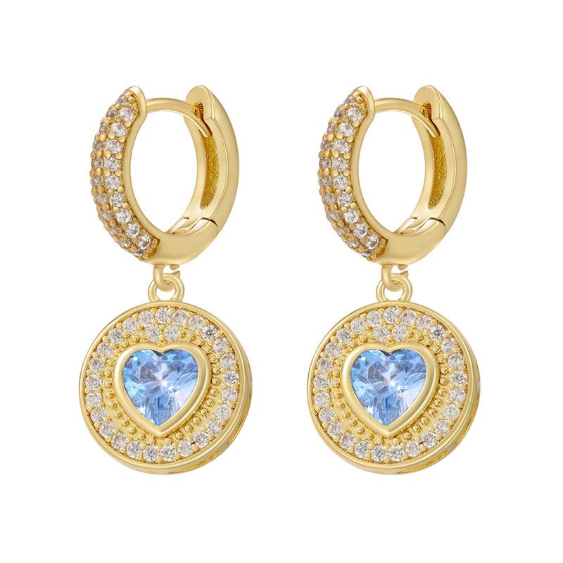 Elegant Flat Round Heart Earrings Gold Plated with Sparkling Gemstones Unique Love Shape Perfect Gift for Her