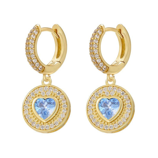 Elegant Flat Round Heart Earrings Gold Plated with Sparkling Gemstones Unique Love Shape Perfect Gift for Her